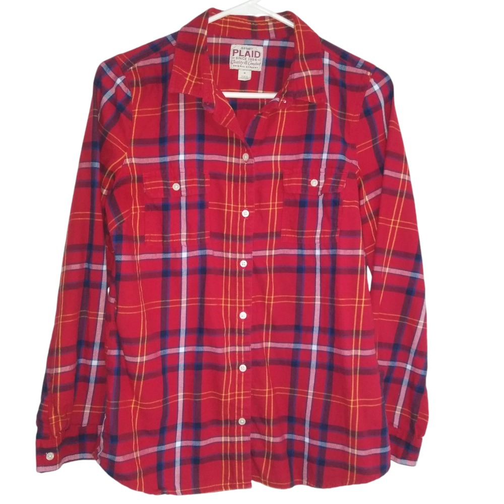 Trendy Red Plaid Button Up Top by Old Navy Plaid Size M, Long Sleeve